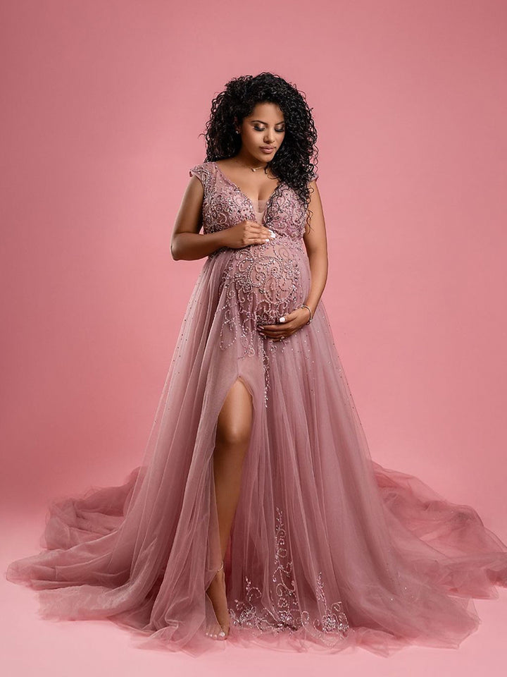 V Neck Beaded Maternity Dress for Photoshoot Elegant Sleeveless Maxi Dress Photography Gowns
