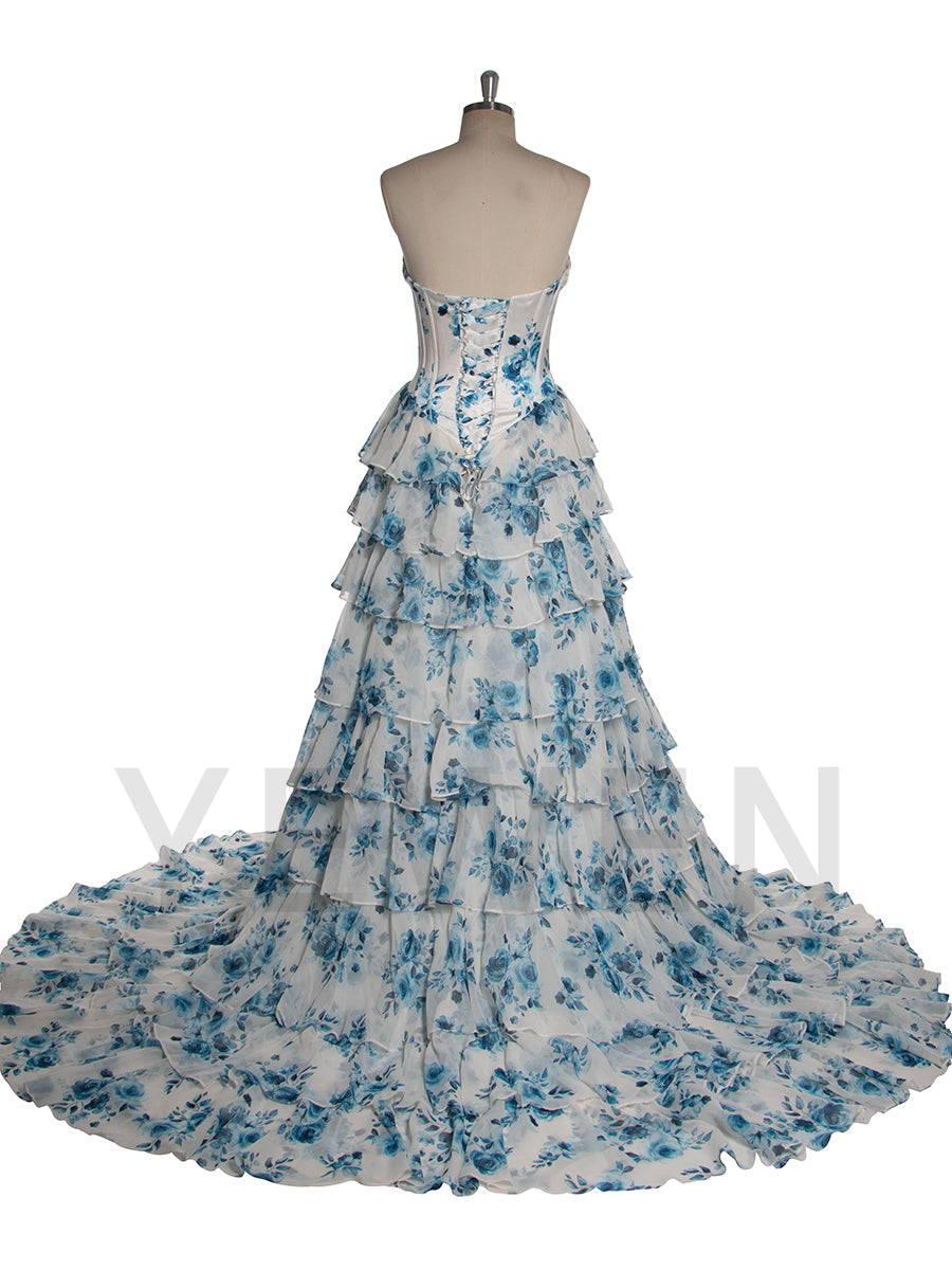 Elegant A Line Printed Chiffon Long Prom Dress with Ruffles YW240048
