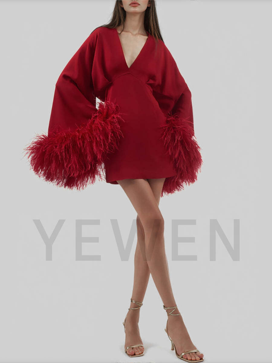 Women Sexy Double Deep V-Neck Long Sleeves With Feathers Mini Dress Gatsby Cocktail Club Party Dresses 14 / Red