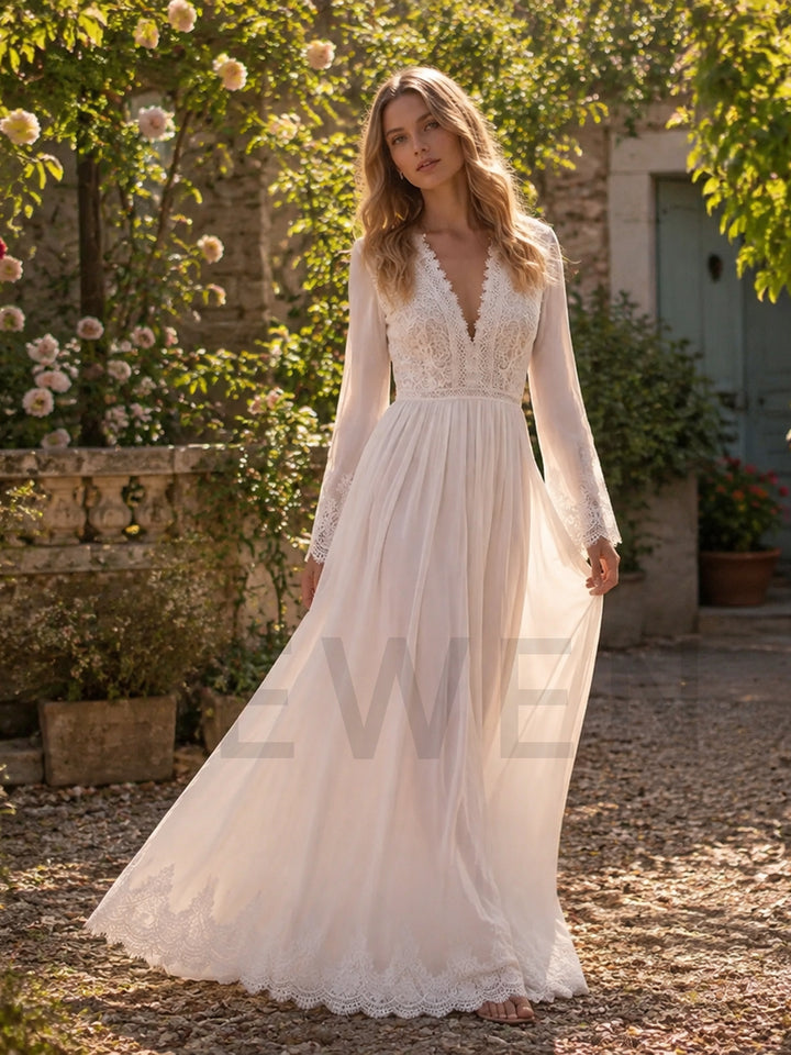 Ivory Deep V-Neck Lace Neckline Sheer Bell Sleeve Boho Wedding Dress