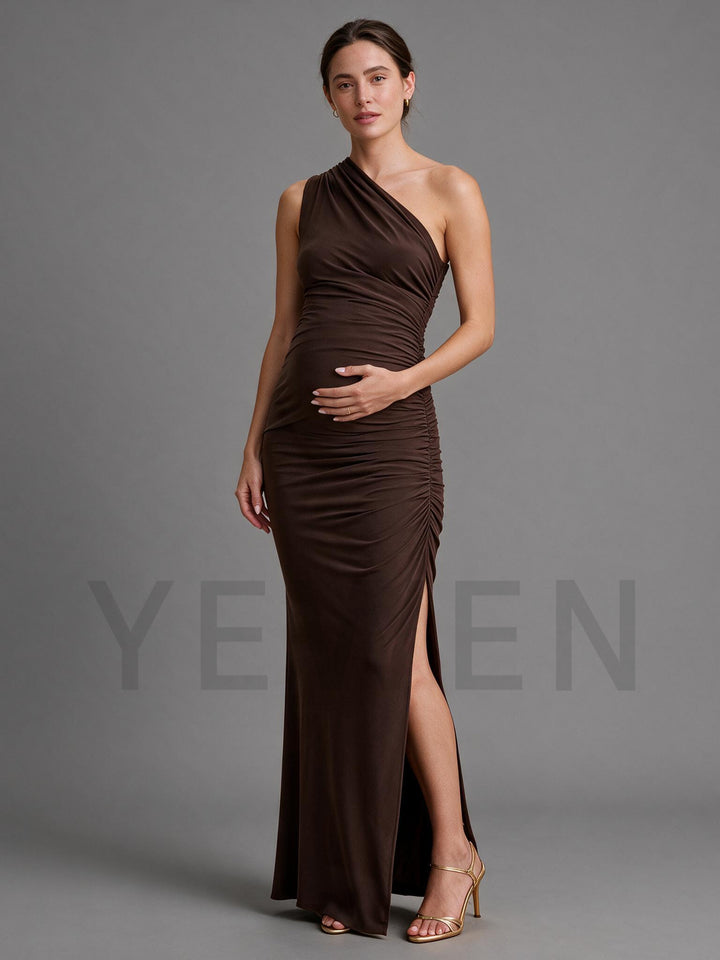 Brown Asymmetric-Neck Maternity Dress for Baby Shower