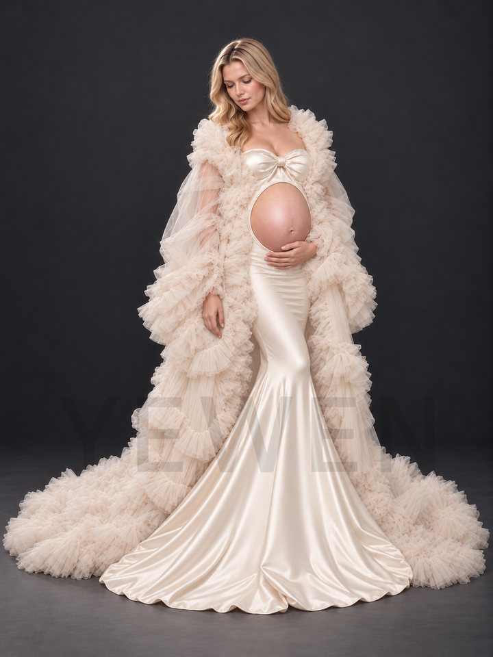Tiered Ruffle Cape Satin Mermaid Maternity Photoshoot Gown HA260917