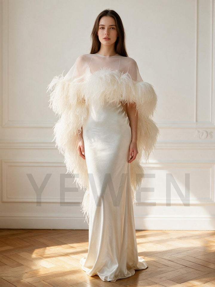 Ivory Sheer Cape Ostrich Feather Satin Evening Gown YW2610063