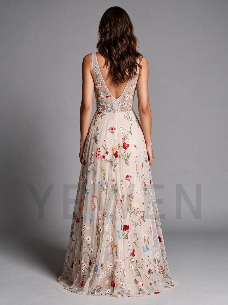 Boho Ivory Deep V-Neck Floral Wedding Dress