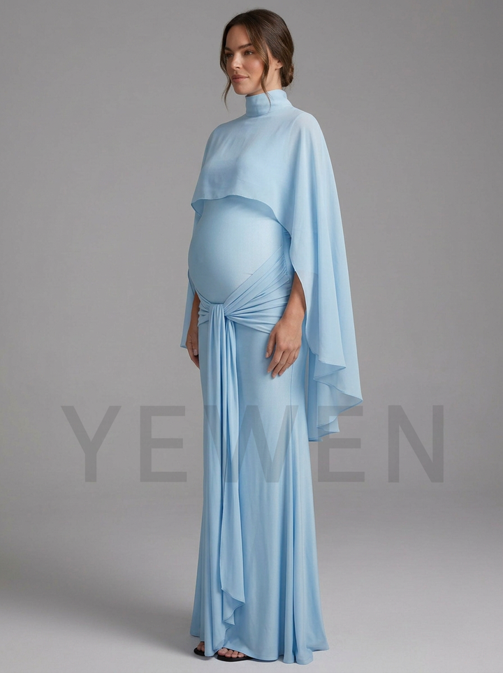 Mock Neck Cape Overlay Twist Knot Maternity Baby Shower Dress YD260923