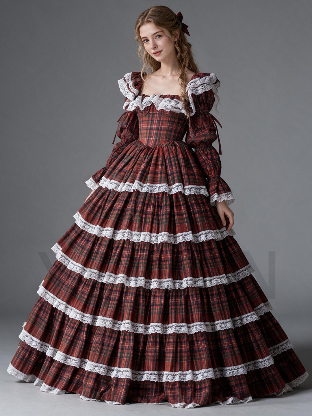 Red Tartan Plaid Lace Ruffle Puff Sleeve Princess Dress YW2609299