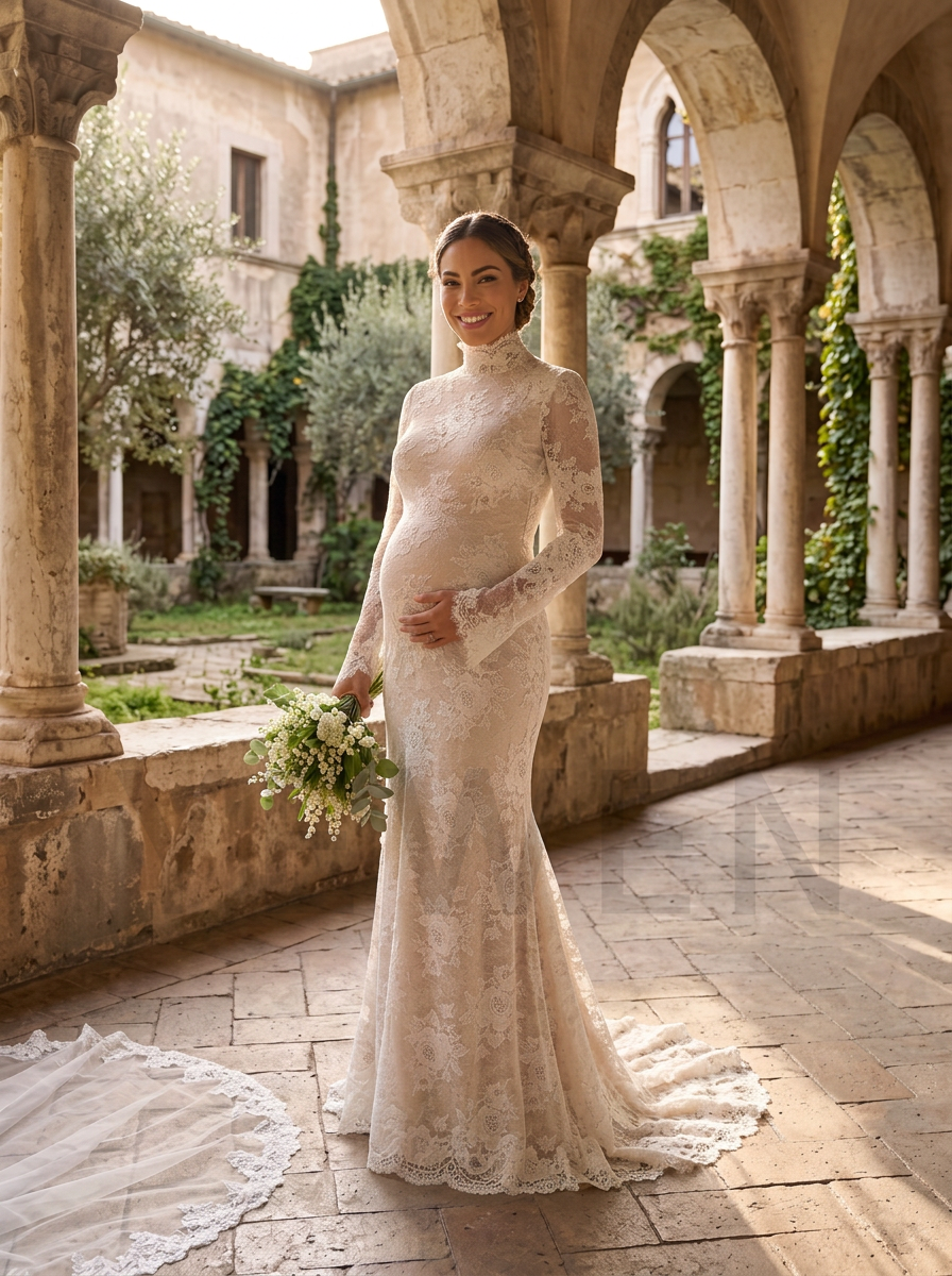 Chantilly Lace Mermaid Maternity Wedding Dress Long Sleeve High Neck (without Veil ) YD260811