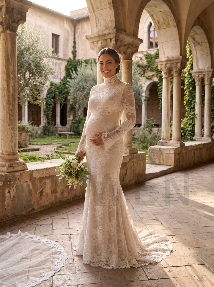 Chantilly Lace Mermaid Maternity Wedding Dress Long Sleeve High Neck (without Veil ) YD260811