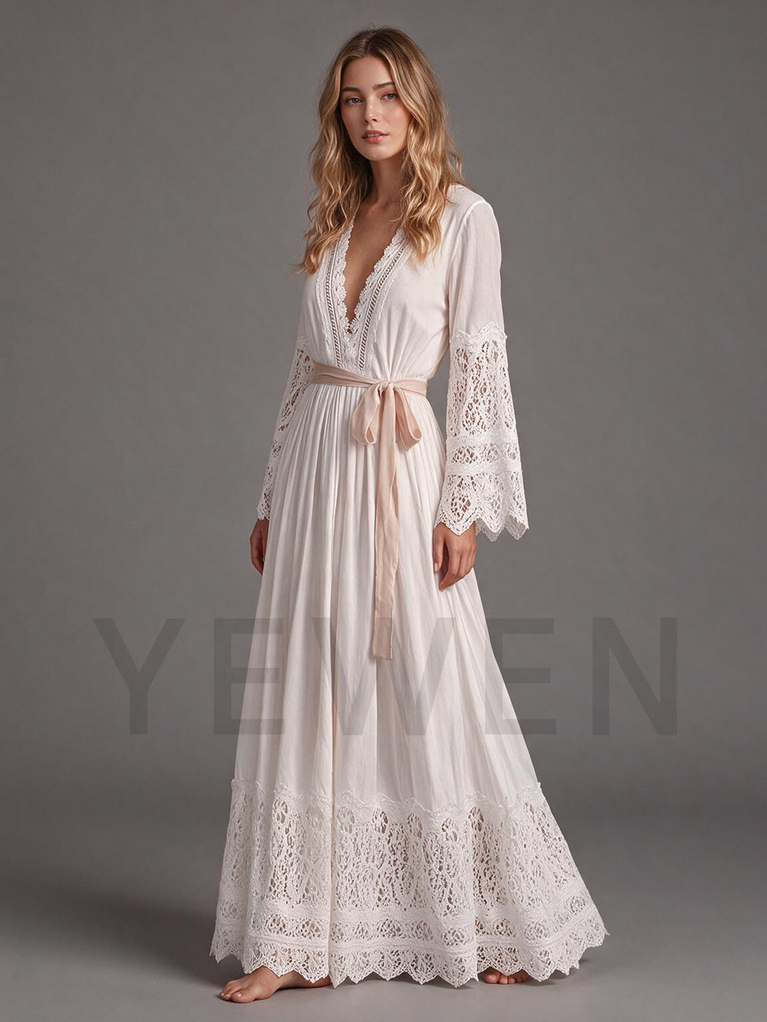Ivory V-Neck Lace Bell Sleeve Boho Wedding Dress with Flowy Maxi Skirt