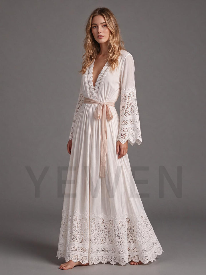 Ivory V-Neck Lace Bell Sleeve Boho Wedding Dress with Flowy Maxi Skirt