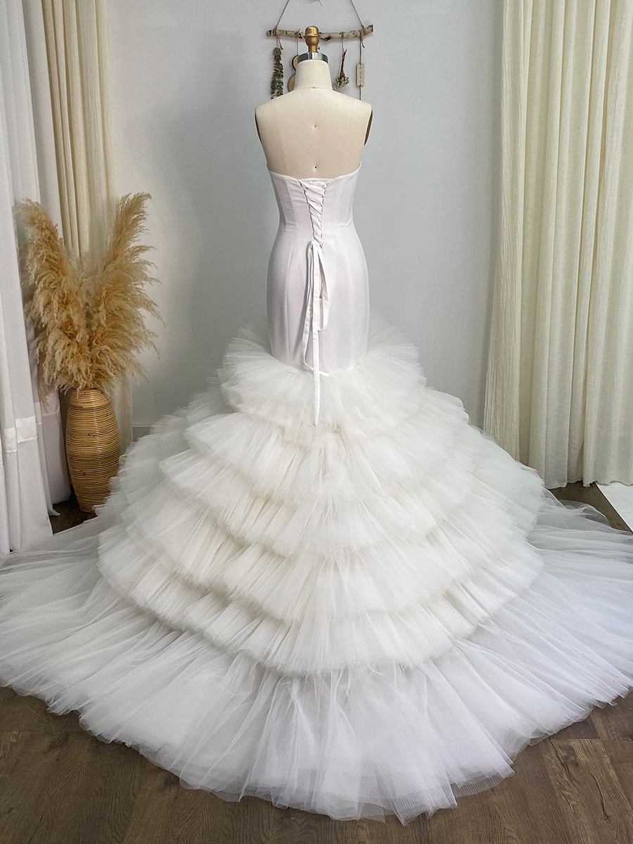 mermaid wedding dress with ruffle train 2024 puffy mermaid wedding dress with Sweetheart Neckline, Ruffle Detail, Royal Train, Beading, and Formal Bridal Gown