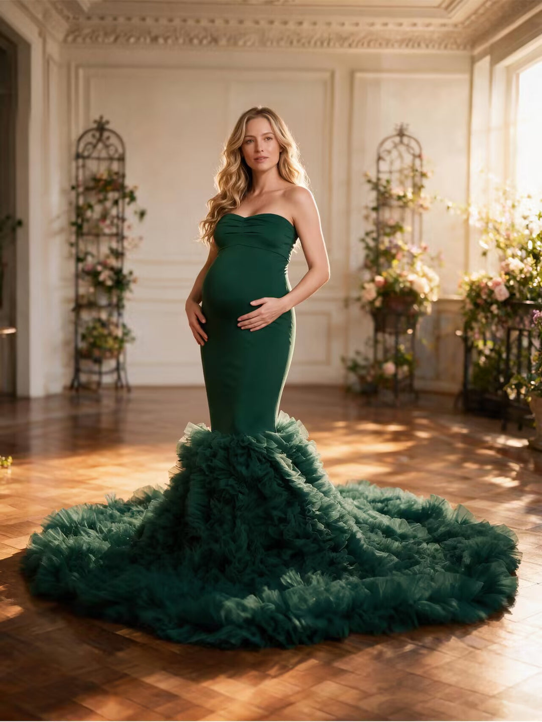 Strapless Baby Blue Mermaid Maternity Dress for Photo Shoots Photography Gown YW21018