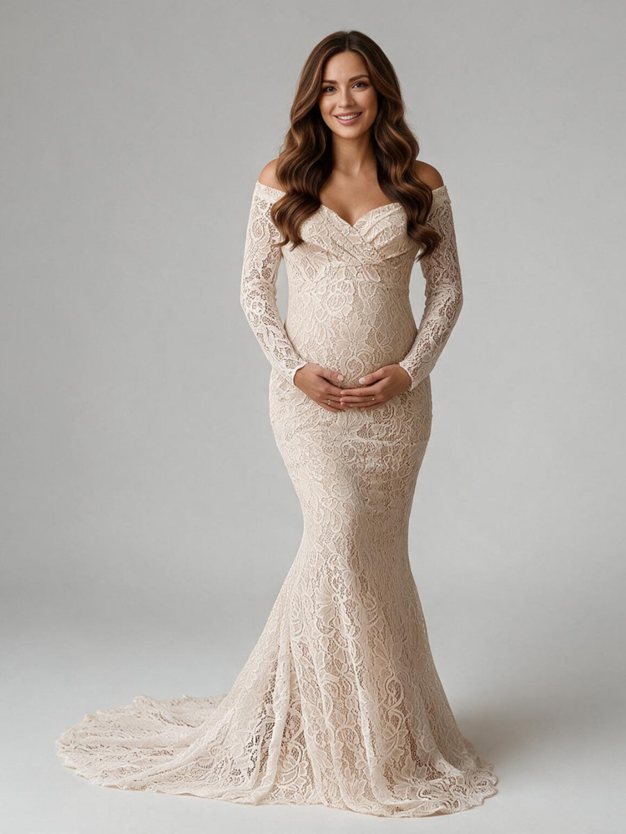 Lace Off-Shoulder Long Sleeve Maternity Gown for Photoshoot YW2610191