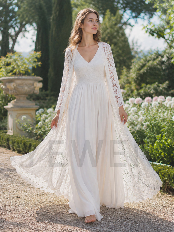 Ivory V-Neck High Waist Chiffon Boho Wedding Dress with Lace Duster