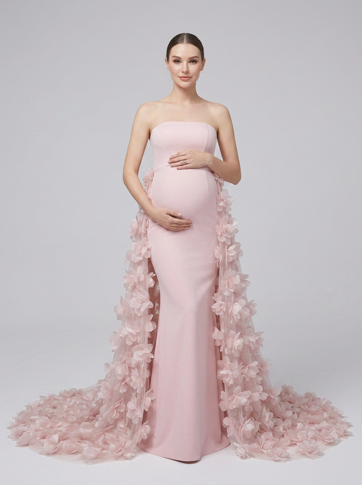 Strapless Swimwear Fabric 3D Floral Maternity Photoshoot Gown YD260907