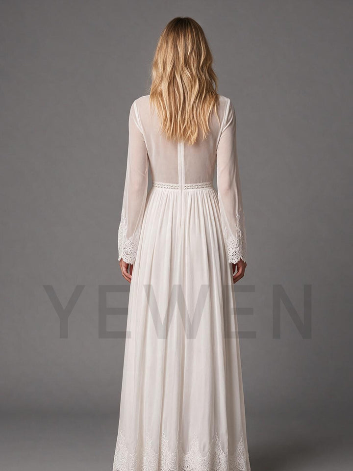Ivory Deep V-Neck Lace Neckline Sheer Bell Sleeve Boho Wedding Dress