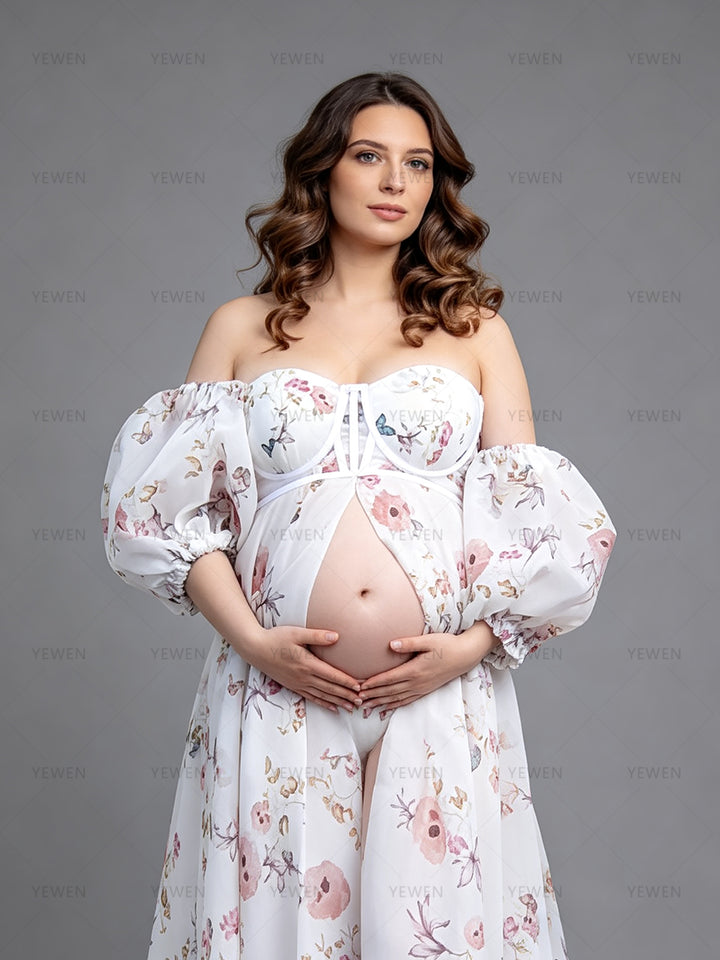 Maternity Photoshoot Floral Organza Dresses Pregnant Gown for Baby Shower