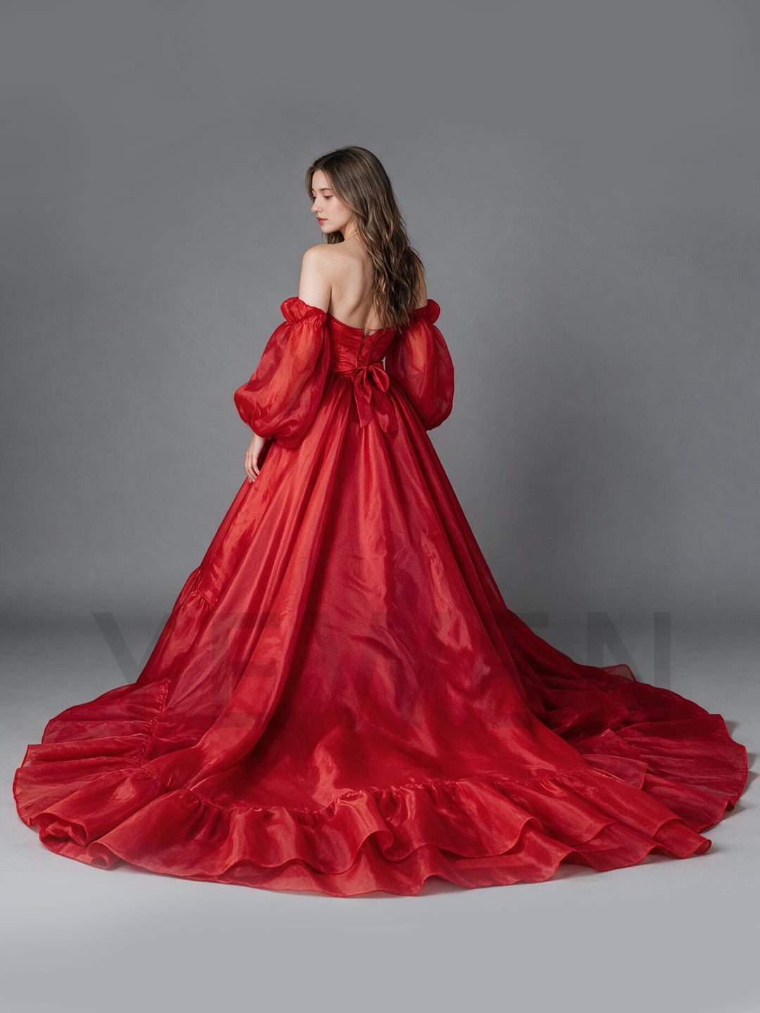 Off-Shoulder Puff Sleeves Layered Ruffle Christmas DressYW2610086