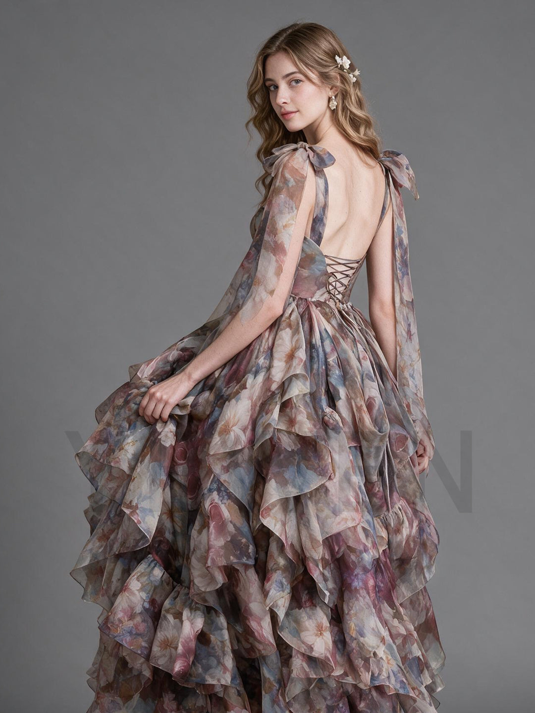Watercolor Floral Tiered Ruffle Shoulder Tie Princess Dress  YW2610158