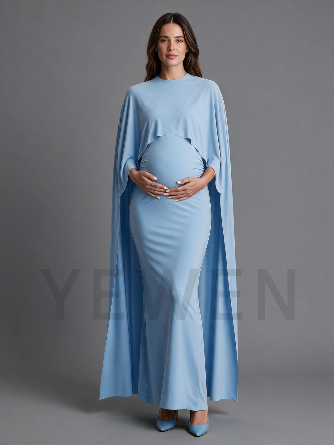 Maternity Blue Maxi Gown Cape Dress Gender Reveal