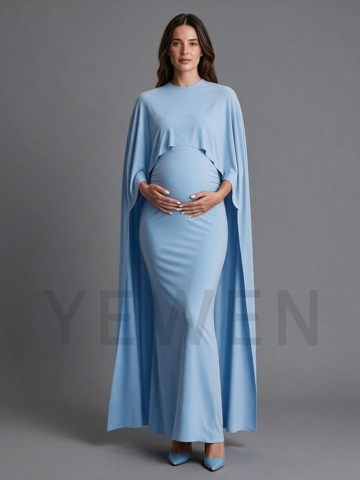 Maternity Blue Maxi Gown Cape Dress Gender Reveal