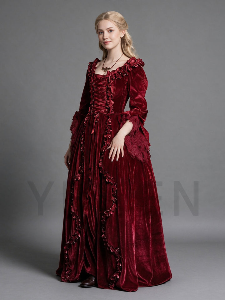 Burgundy Velvet Bell Sleeve Princess Dress for Christmas YW2610216