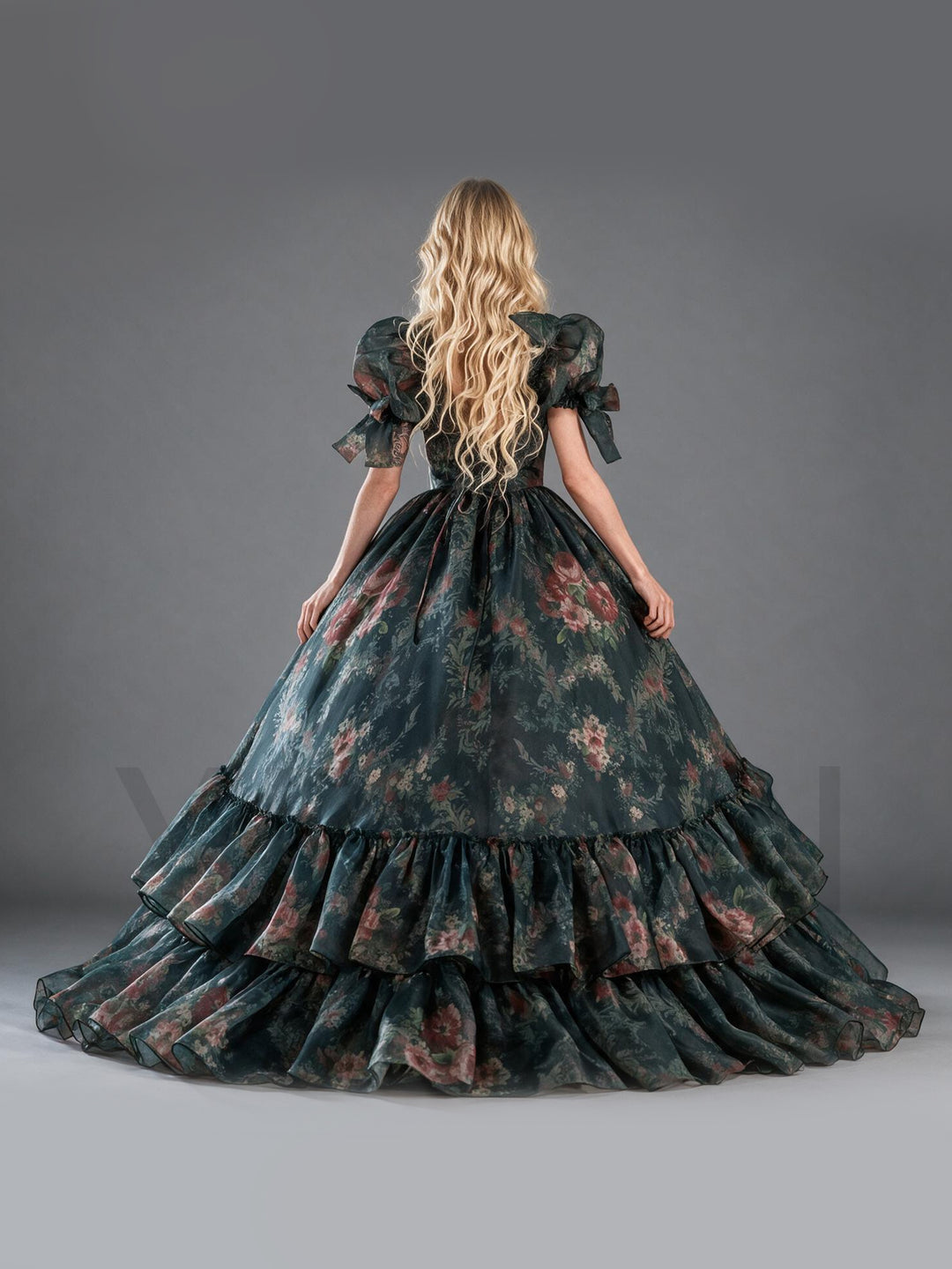 Dark Green Floral Tiered Ruffle Puff Sleeve Princess Dress YW2610154