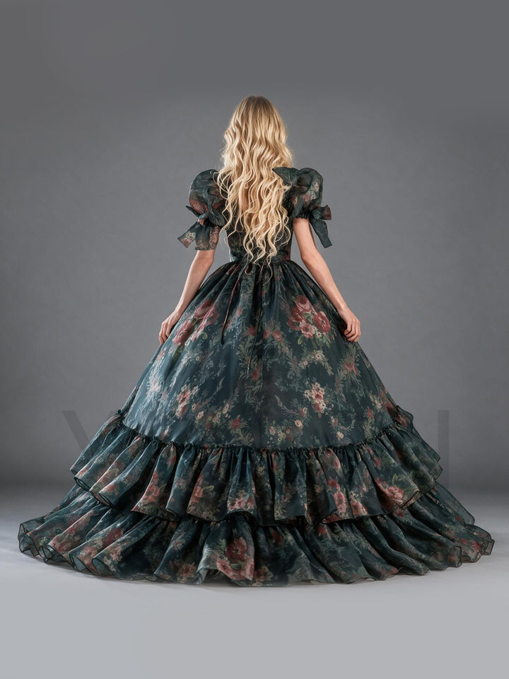 Dark Green Floral Tiered Ruffle Puff Sleeve Princess Dress YW2610154