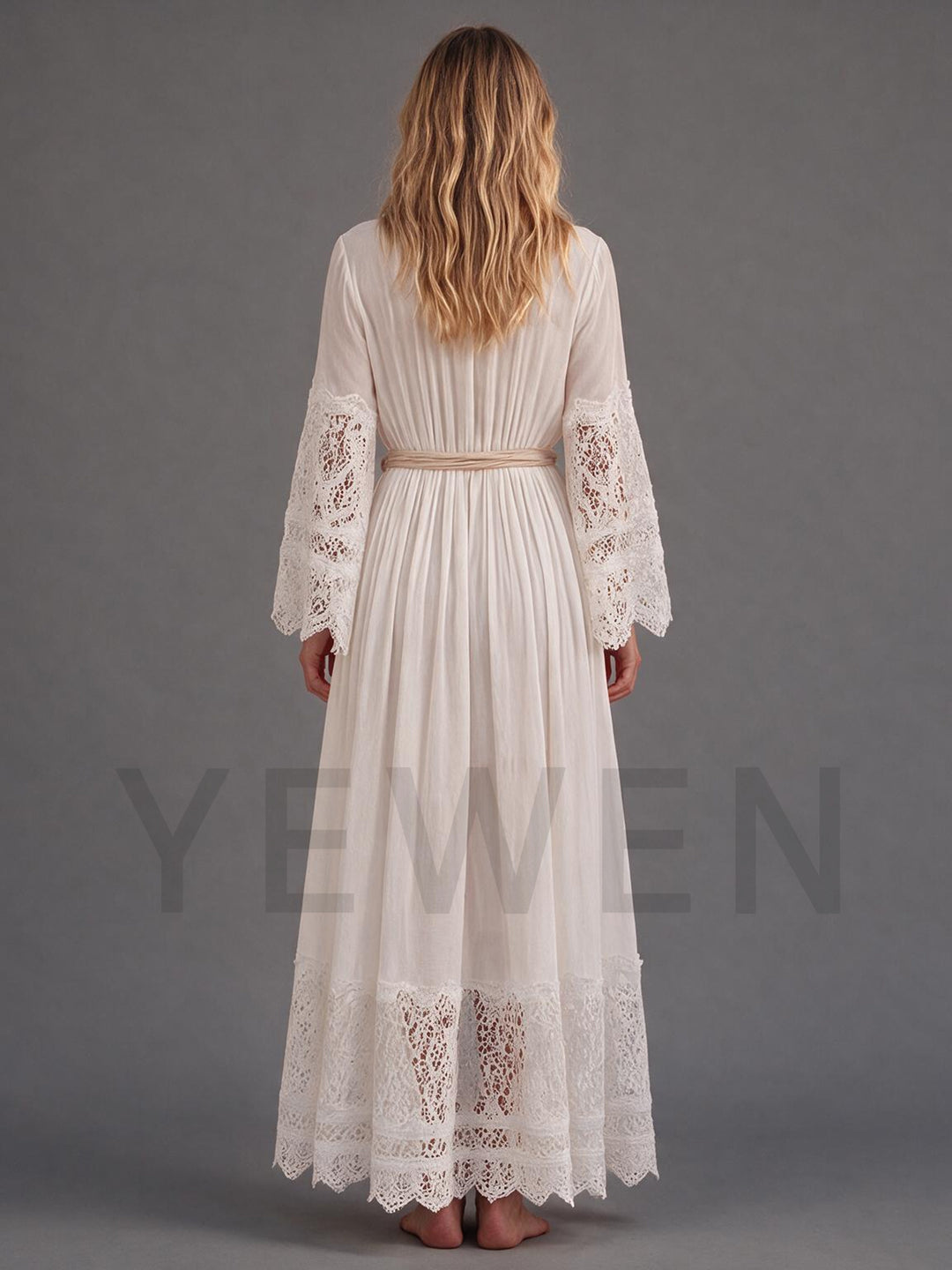 Ivory V-Neck Lace Bell Sleeve Boho Wedding Dress with Flowy Maxi Skirt