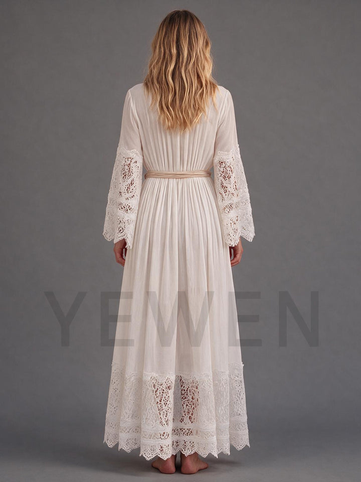 Ivory V-Neck Lace Bell Sleeve Boho Wedding Dress with Flowy Maxi Skirt
