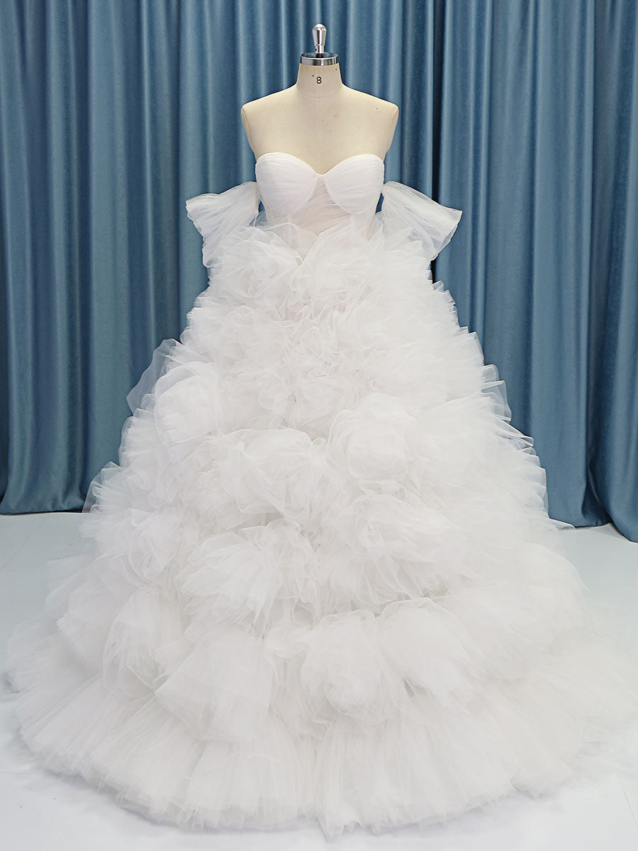 tiered tulle wedding dress Elegant Off the Shoulder Tiered Tulle Flower Wedding Dresses wiht Round Hem YW230521-1 – yewendress