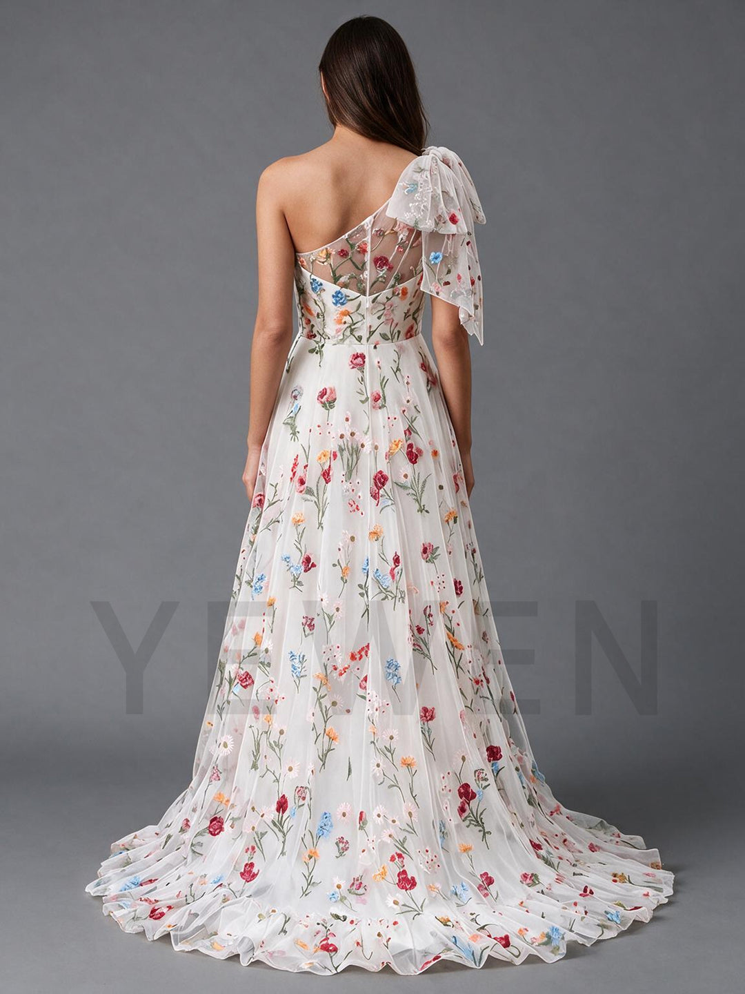 Ivory One-Shoulder Bow Floral Boho Wedding Dress