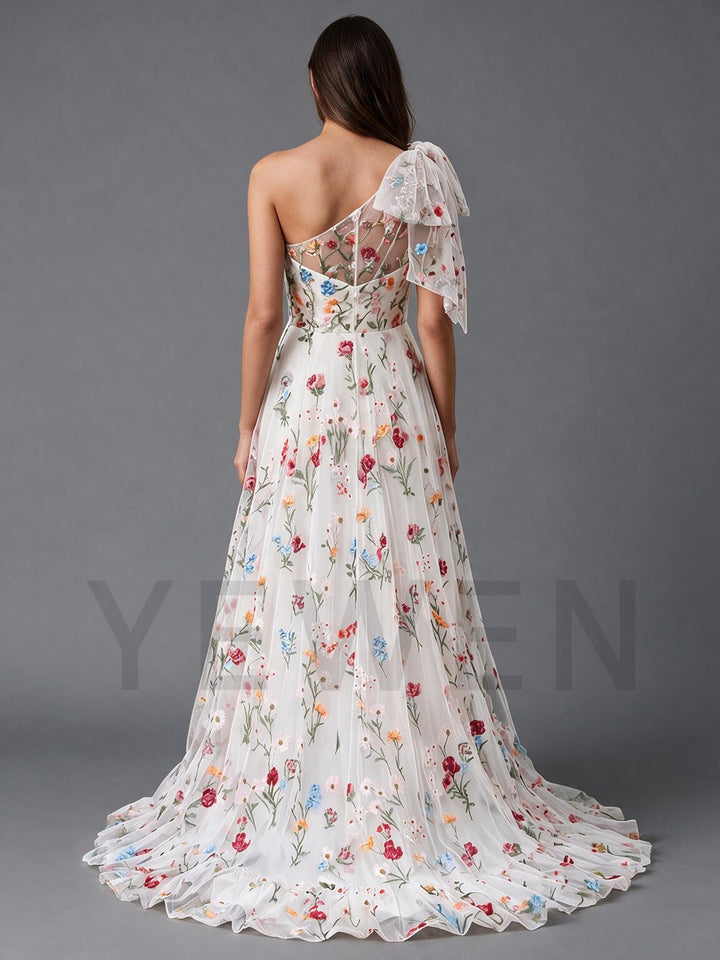 Ivory One-Shoulder Bow Floral Boho Wedding Dress
