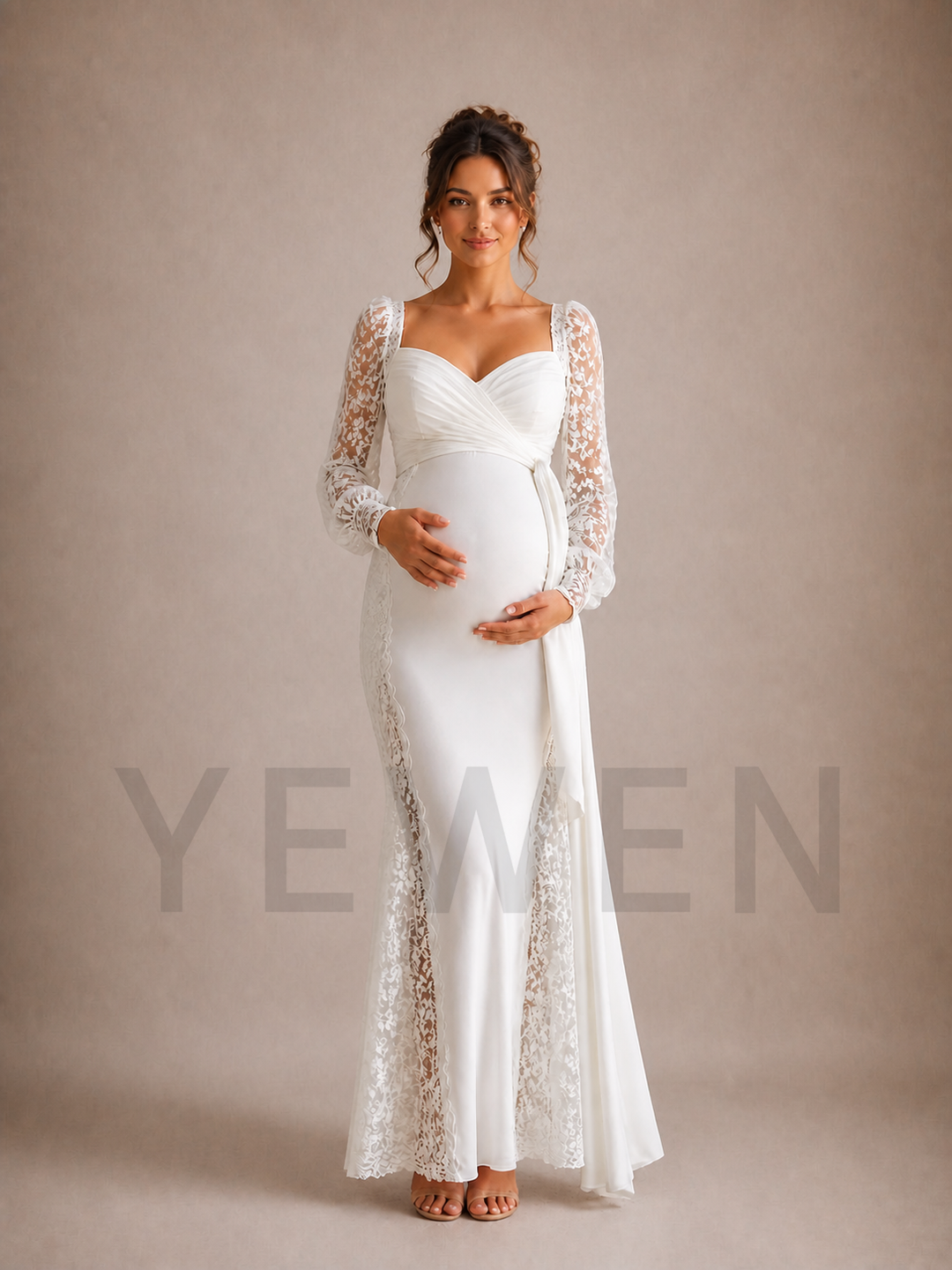 White Lace Sleeve Maternity Baby Shower Dress ZX011