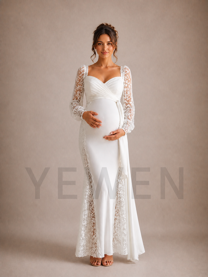 White Lace Sleeve Maternity Baby Shower Dress ZX011