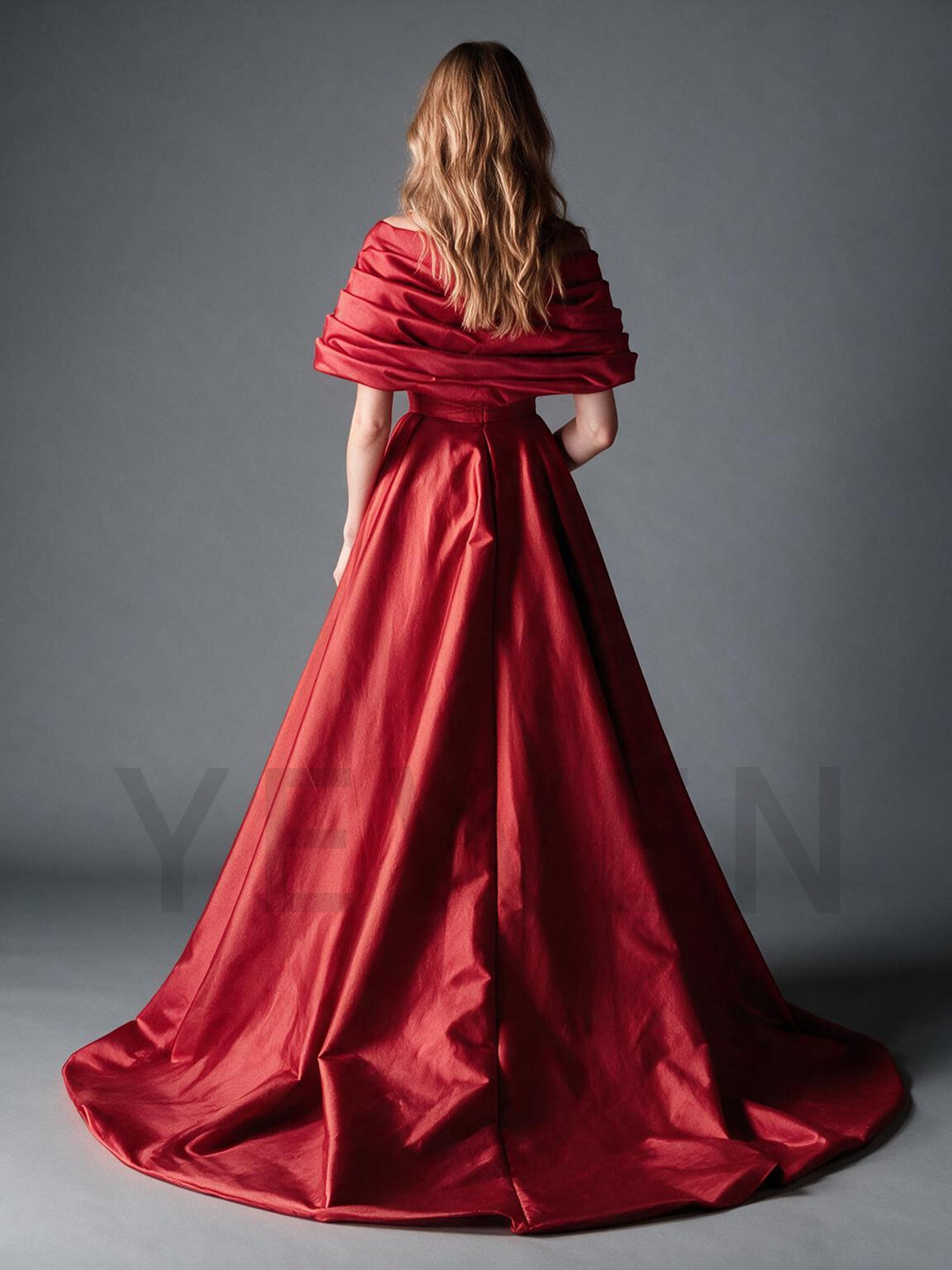 Red Off-Shoulder Ruched Satin Cape Sequin Christmas Dress YW2610091