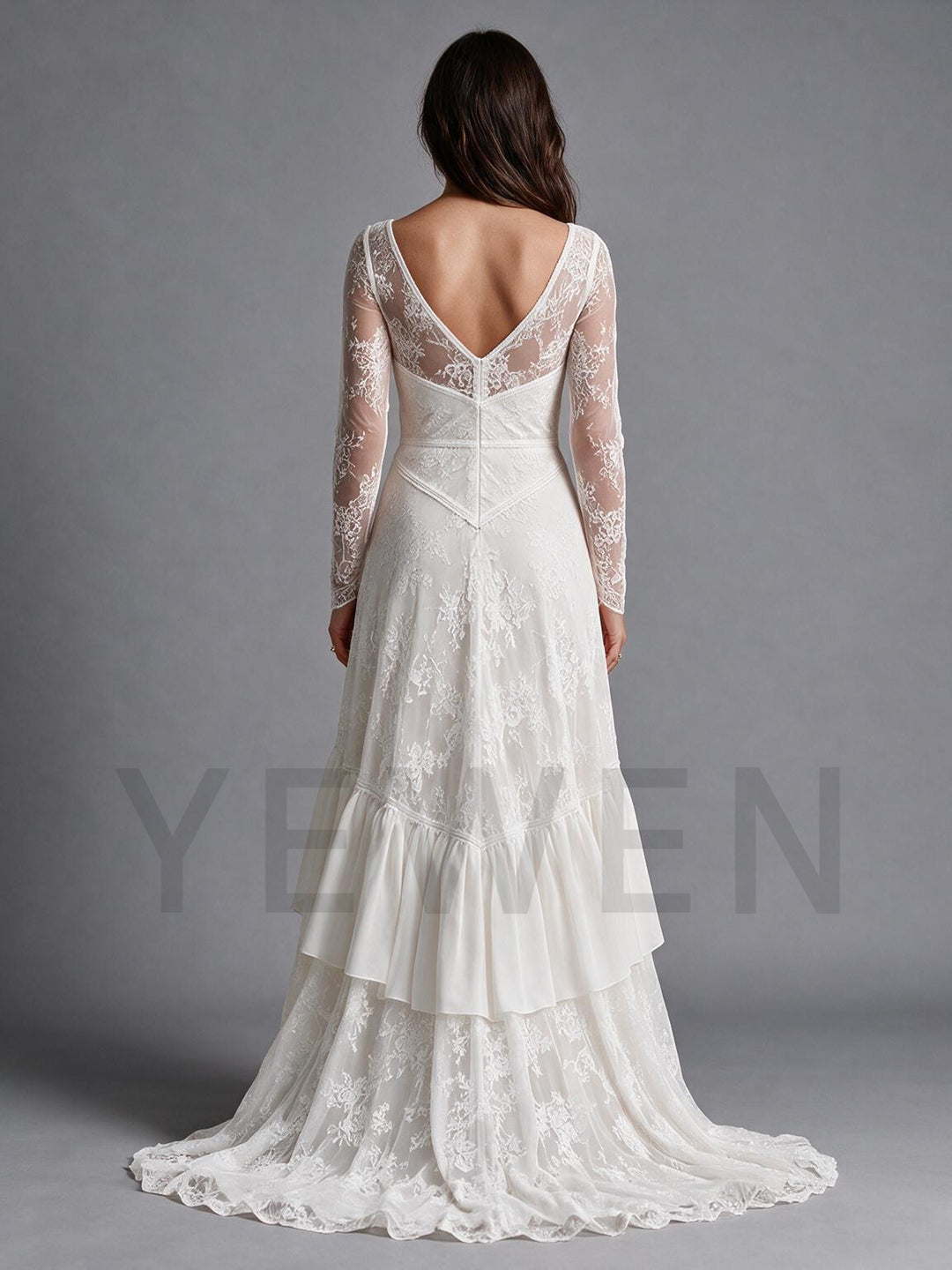 Ivory V-Neck Sheer Long Sleeves Lace Boho Wedding Dress