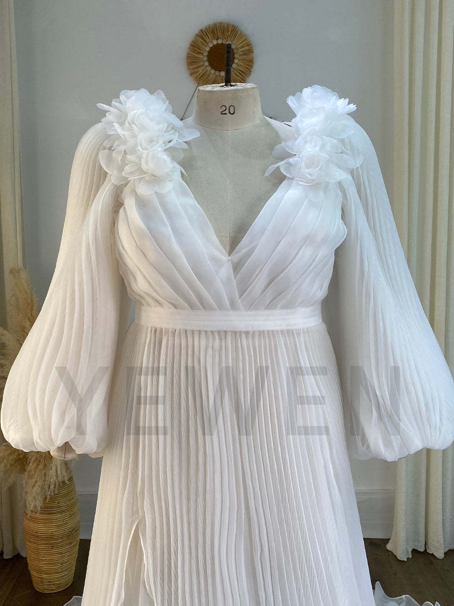 Long Sleeves V Neck Wedding Bridesmaid Dress Soft Organza Pleated Dress YW243114