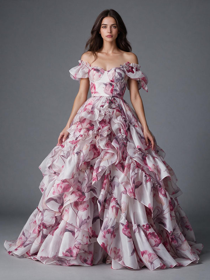 Pink Floral Print Off-Shoulder Tiered Ruffle Princess Dress YW2610133