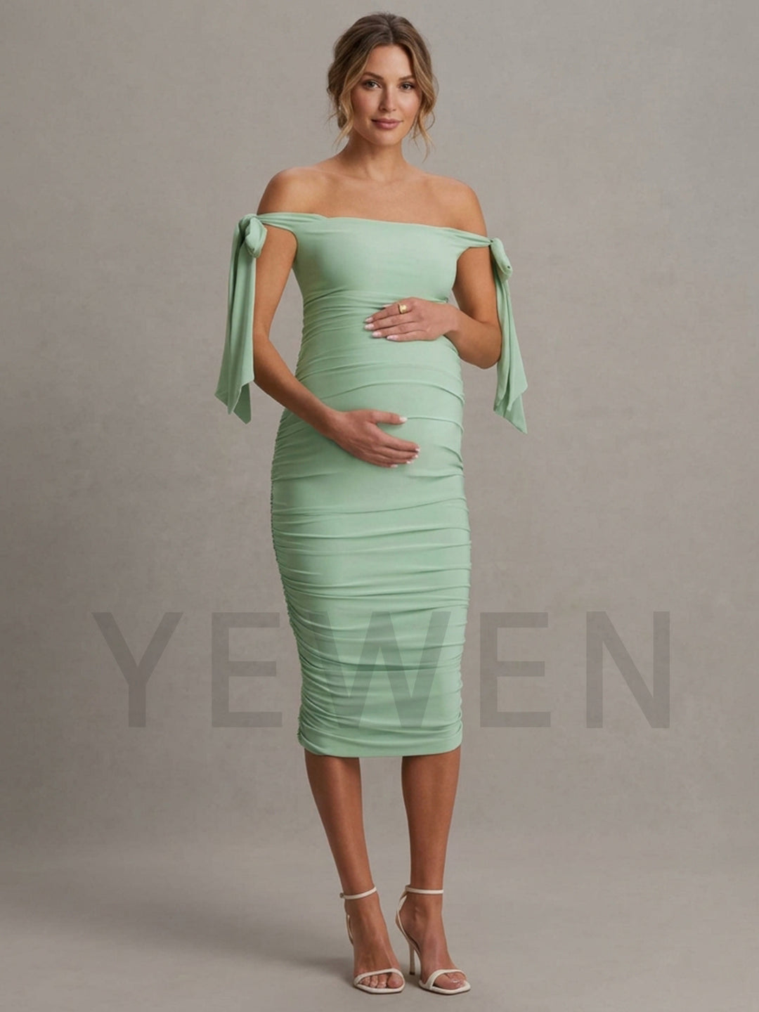 Off-Shoulder Tie Strap Ruched Maternity Dress for Baby Shower YM261001