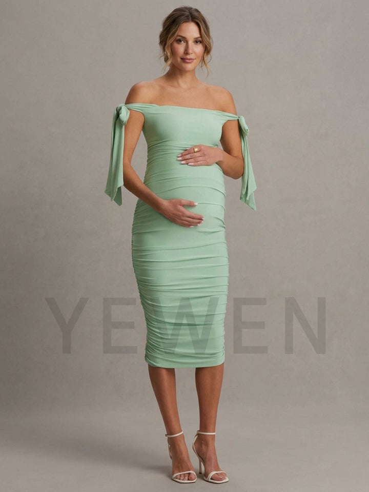Off-Shoulder Tie Strap Ruched Maternity Dress for Baby Shower YM261001