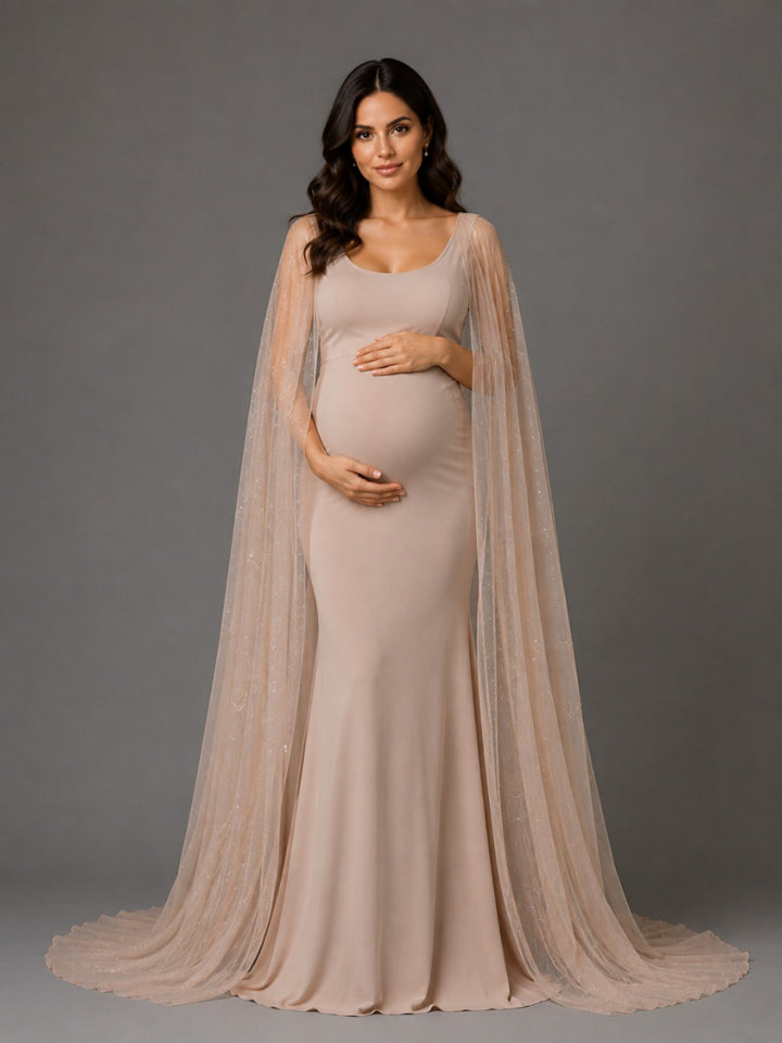 Nude Fitted Mermaid Maternity Baby Shower Dress with Sheer Cape L-26932