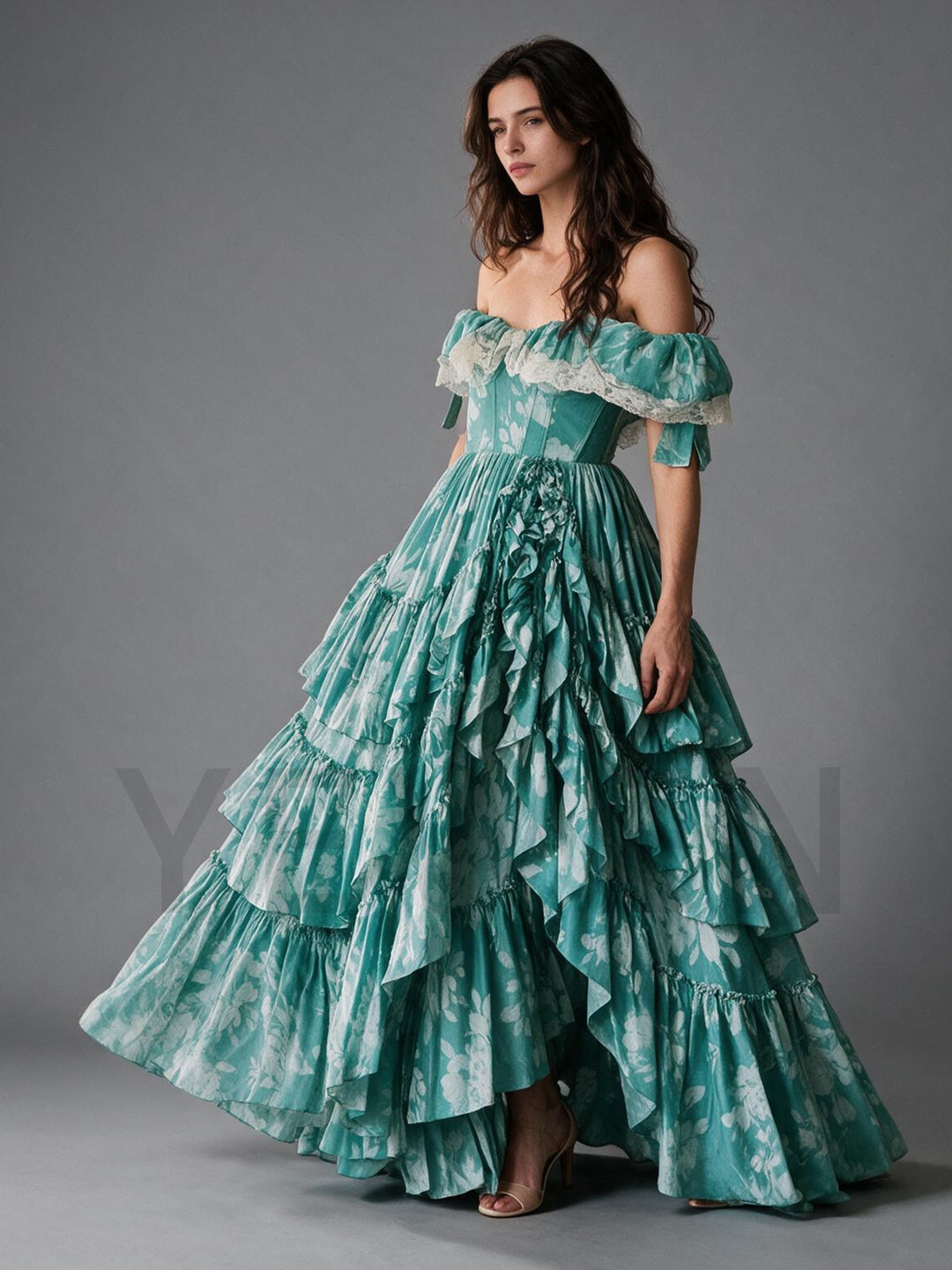 Mint Green Floral Tiered Ruffle Off-Shoulder Princess Dress YW2610148