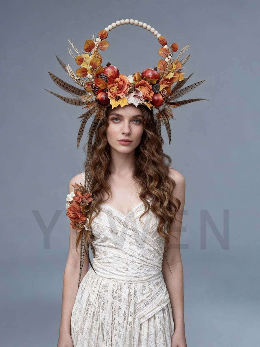 Hair Accessories Autumn Harvest Halo Headpiece with Pheasant Feathers for Photography Headdress Flower Crown