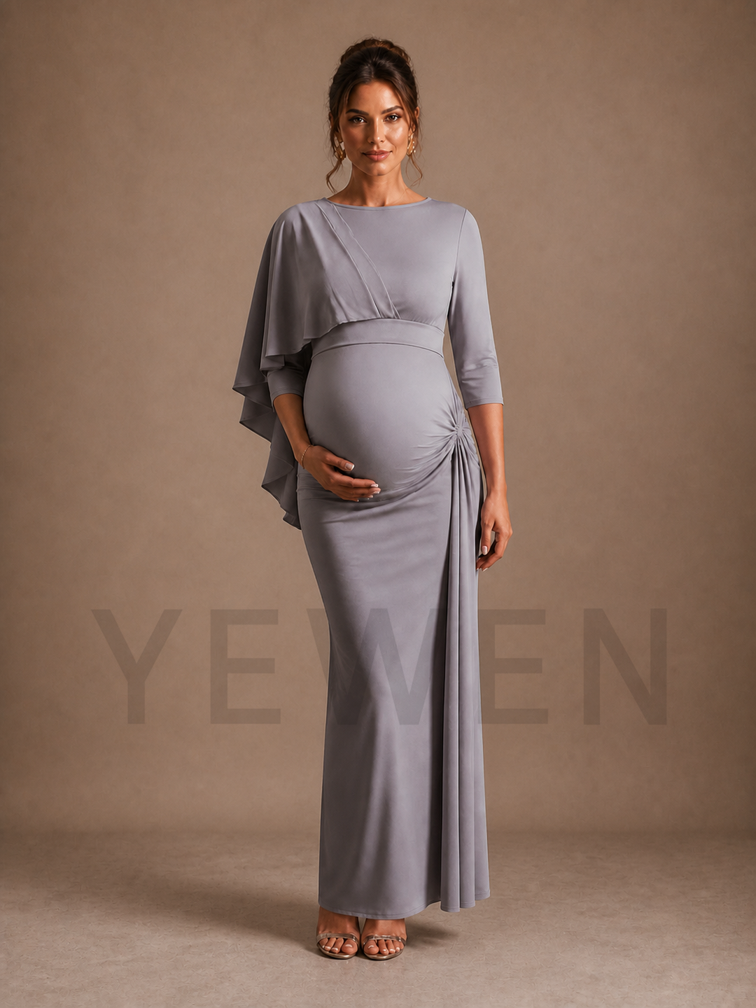 Slate Gray Maternity Baby Shower Dress Boat Neck Gown with Asymmetric Cape ZX020