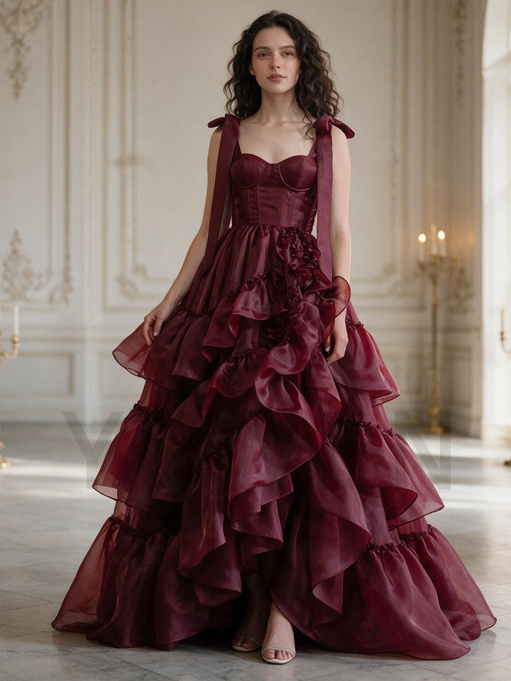 Burgundy Bow Strap Corset Tiered Ruffle Christmas Dress YW2610088