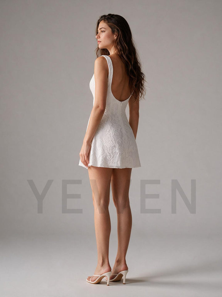 Ivory Floral A-Line Lace Mini Wedding Dress for Engagement