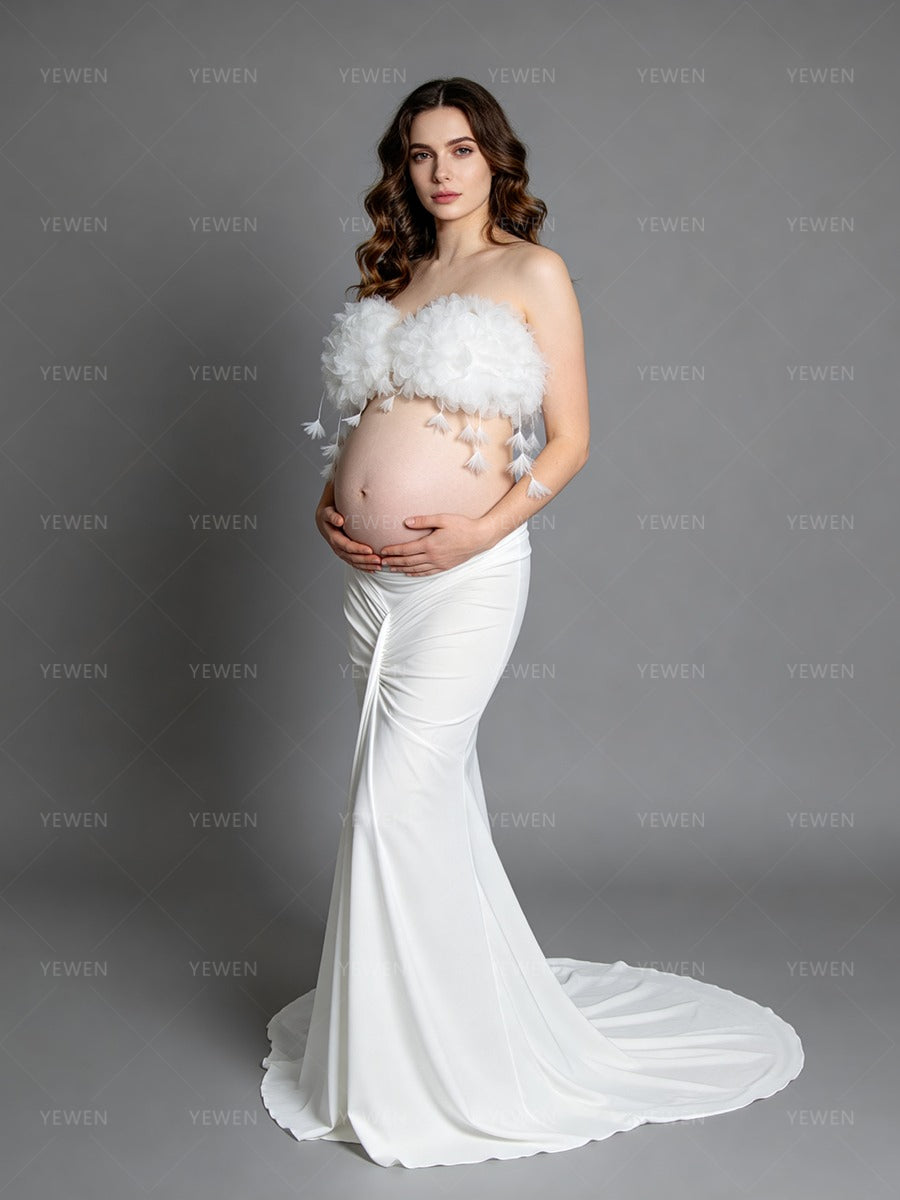 White Elegant Flowers Top with skirt 2 Pieces Bodycon Photoshoot Dress Maternity Photo Shoot Outfit YW260249