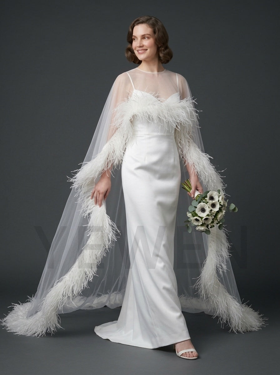 Luxurious Ostrich Feather Sheer Cape Sweetheart Evening Gown YD261011