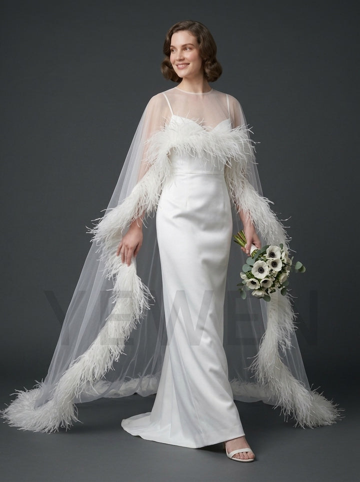 Luxurious Ostrich Feather Sheer Cape Sweetheart Evening Gown YD261011